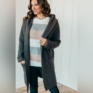 Dark gray, long hooded cardigan